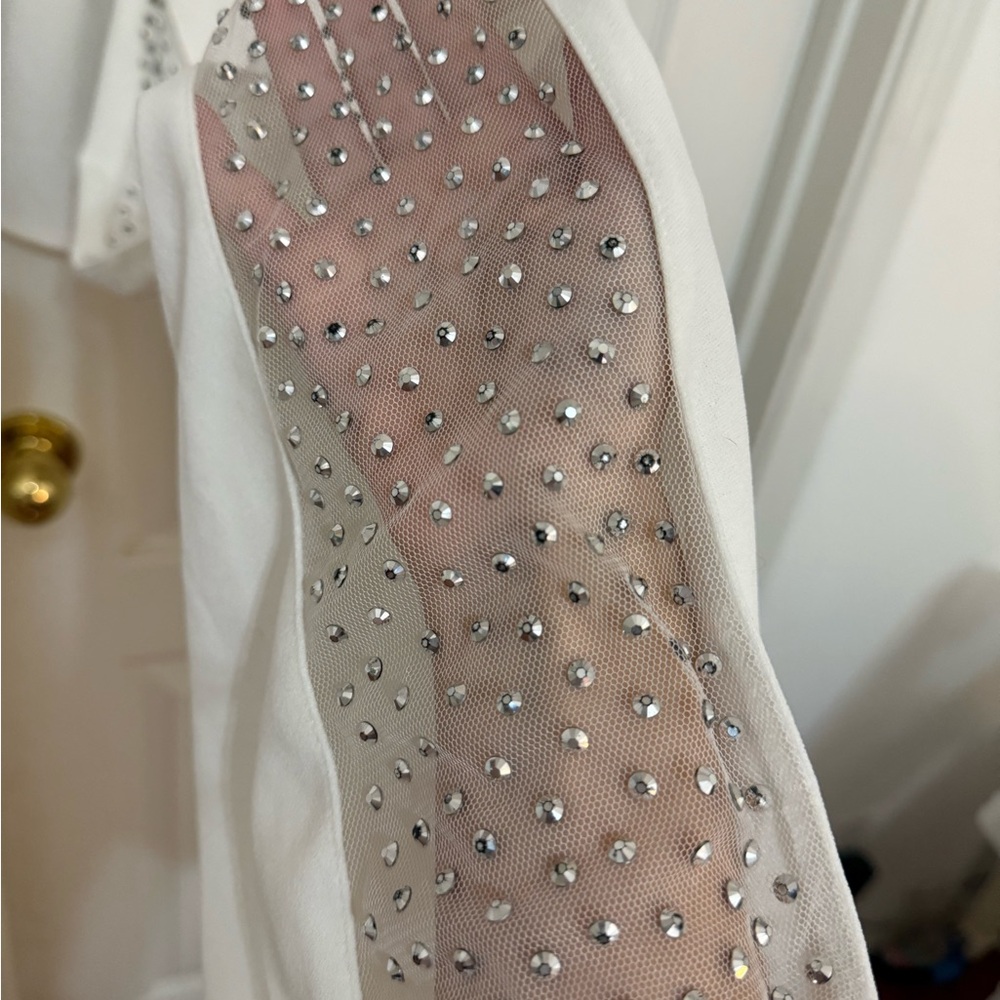 Chic White Rhinestone Flare Jumpsuit - Picture 3 of 5